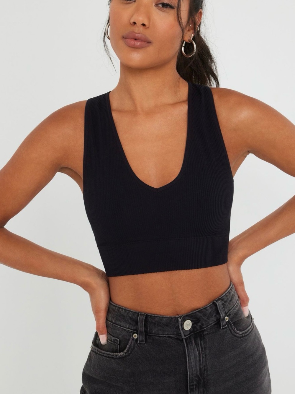 Garage Black Ribbed V-Neck Crop Top